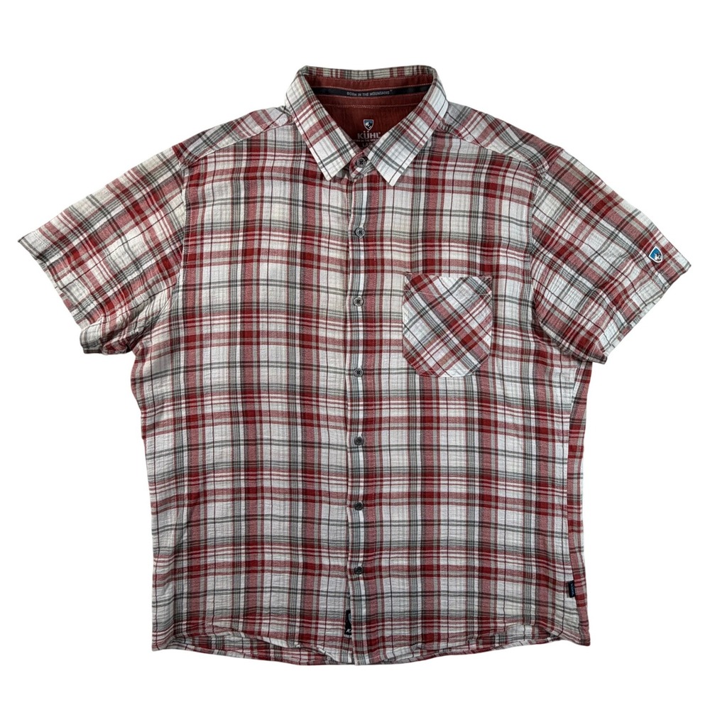 Kuhl‎ Mens Large Red Plaid Organic Cotton Short Sleeve Button Down Shirt Hiking